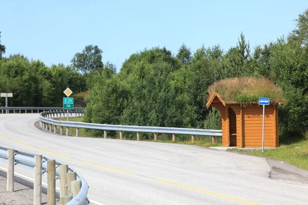 Chaty kryte trawy w pobliżu drogi. Norwegia — Zdjęcie stockowe