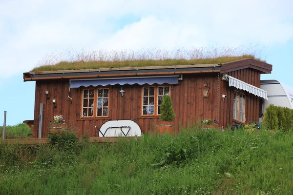 Casa con un perfetto tetto erboso durante l'estate nelle montagne norvegesi — Foto Stock