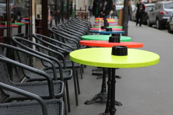 Street view of a Cafe terrace with empty tables and chairs,paris France — Stock Photo, Image
