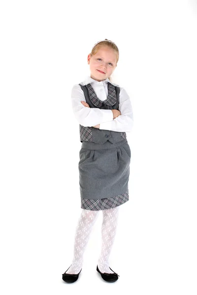8 year old school girl smiling on white background — Stock Photo, Image