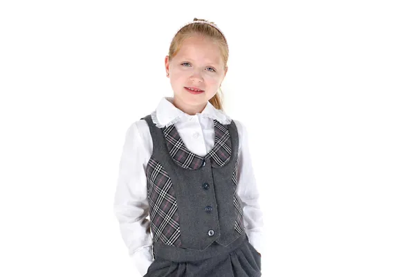 8 años de edad chica de la escuela sonriendo sobre fondo blanco —  Fotos de Stock