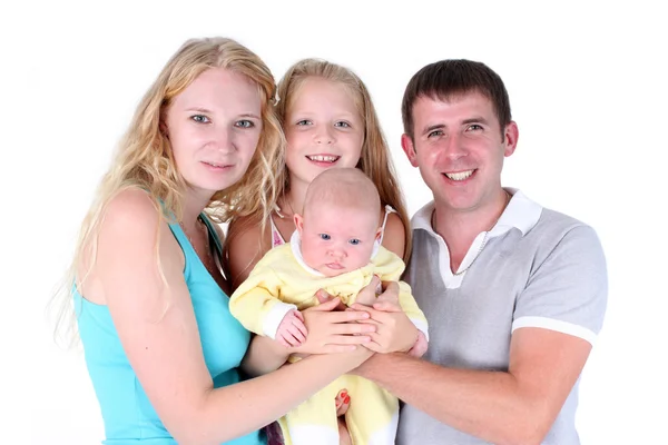 Happy family with adorable little two sisters 8 year and 3 month old isolated on white background — Stock Photo, Image