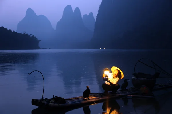 阳朔-6 月 18 日: 中国人和鸬鹚鸟钓鱼 — 图库照片