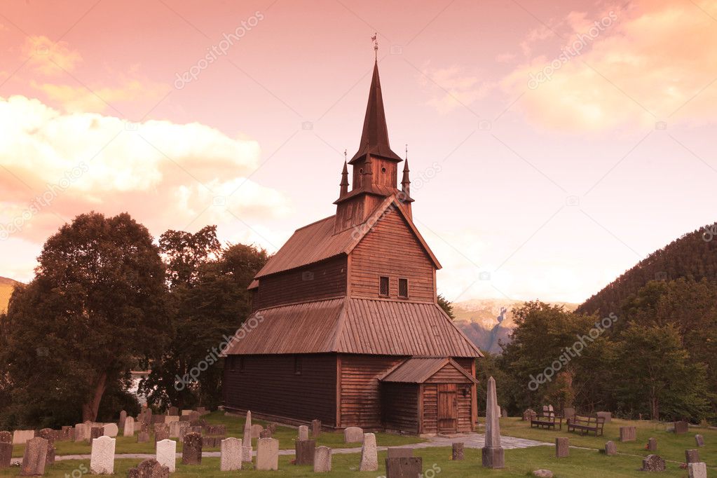 Sunset at old Kaupanger Stave Church, Norway