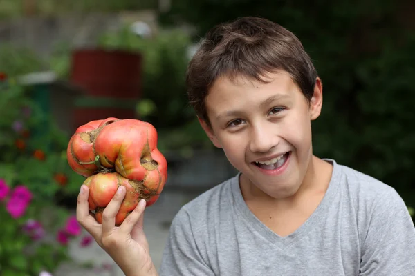 大きなトマトを持つ少年 — ストック写真