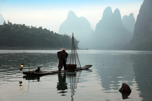 Homme chinois pêchant avec des cormorans oiseaux — Photo