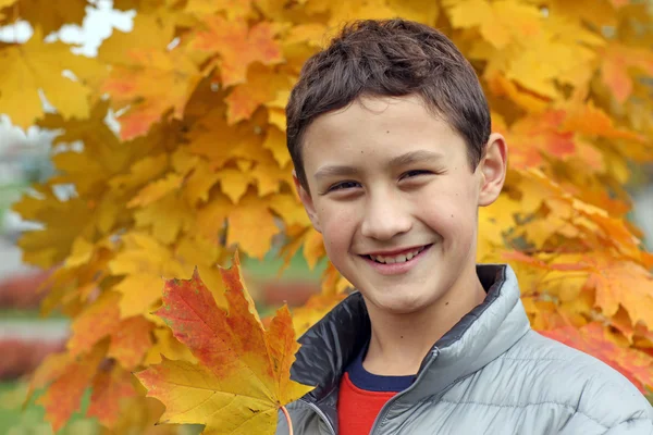 Niño con hojas de arce en otoño — Foto de Stock