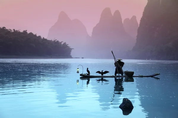 Çinli adamın karabatak kuş ile Balık tutma — Stok fotoğraf