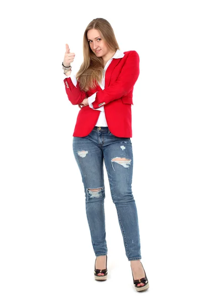 Casual woman in red coat smiling — Stock Photo, Image