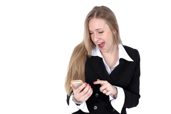 Kobieta w stroju biznesowe rozmowy na telefon komórkowy na białym tle — Zdjęcie stockowe