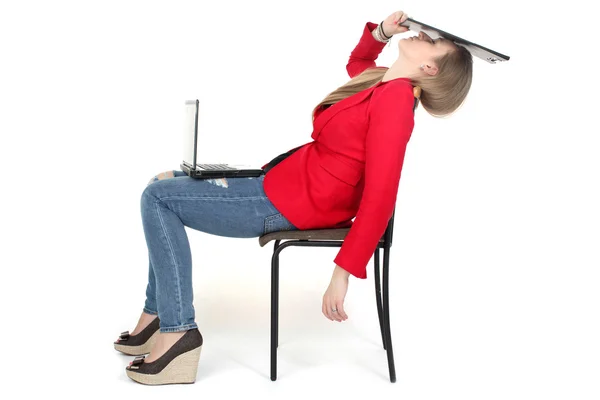 After hard work - woman relax on computer with file — Stockfoto