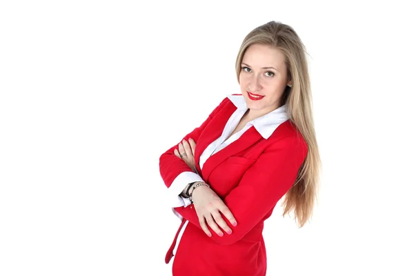 Mujer casual con abrigo rojo sonriendo aislada sobre fondo blanco —  Fotos de Stock