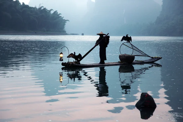 Uomo cinese pesca con cormorani uccelli — Foto Stock