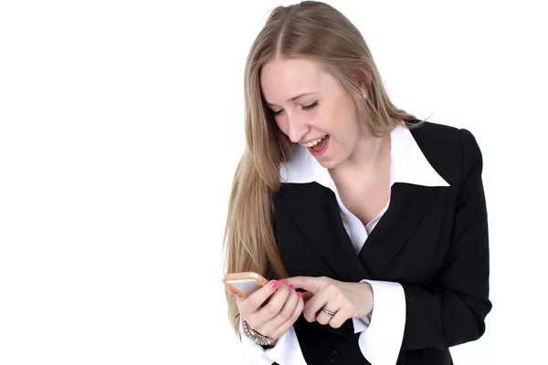 Mulher em roupa de negócios conversando com celular isolado em branco — Fotografia de Stock