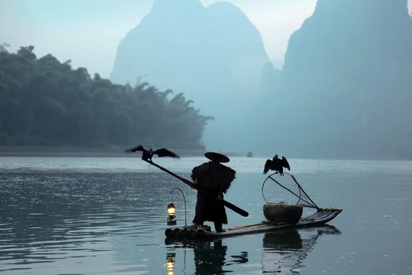 중국 남자가 마우 지 새와 낚시 — 스톡 사진