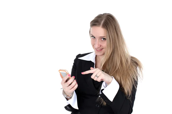 Frau im Business-Outfit spricht mit Handy — Stockfoto