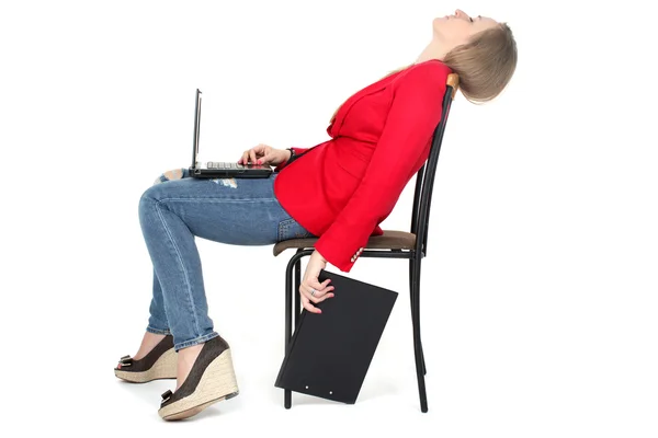 After hard work - woman relax on computer with file — Stock Photo, Image