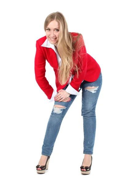 Casual woman in red  smiling standing — Stock Photo, Image