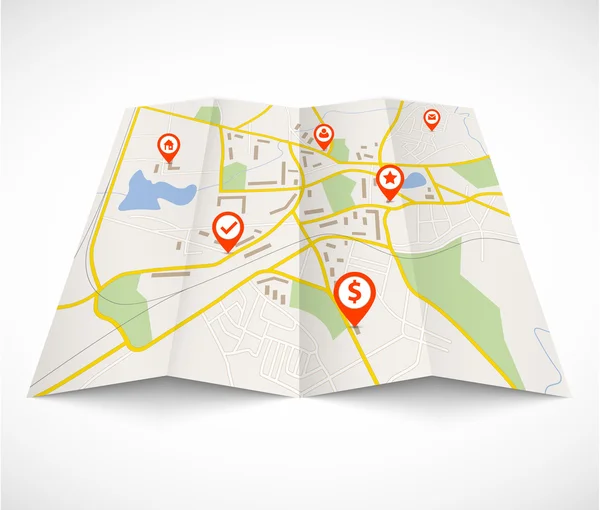 Carte de navigation avec broches rouges — Image vectorielle