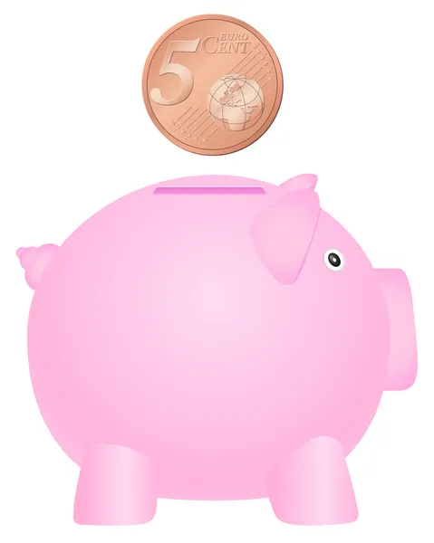 Piggy bank en vijf euro cent — Stockvector
