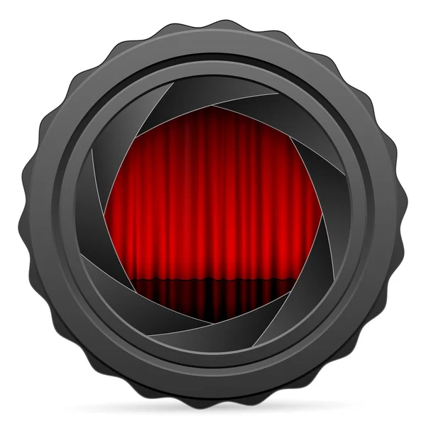Obturateur de caméra avec rideau rouge — Image vectorielle
