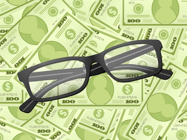 Reading glasses on dollar background — Stock Vector