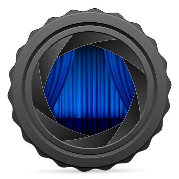 Obturateur de caméra avec rideau bleu — Image vectorielle