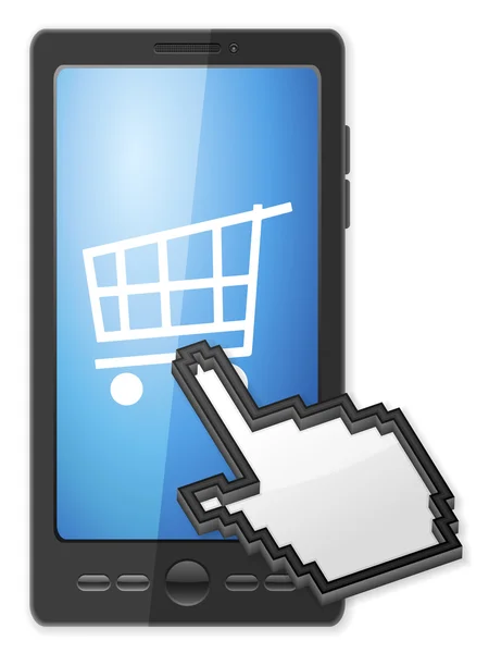 Telefoon cursor en winkelen kar symbool — Stockvector