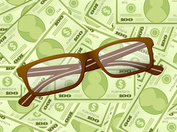 Reading glasses on dollar background — Stock Vector