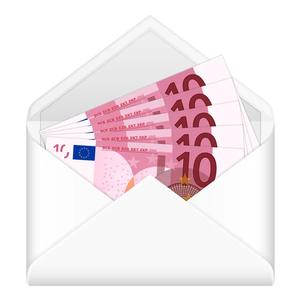 Sobre y diez billetes en euros — Vector de stock