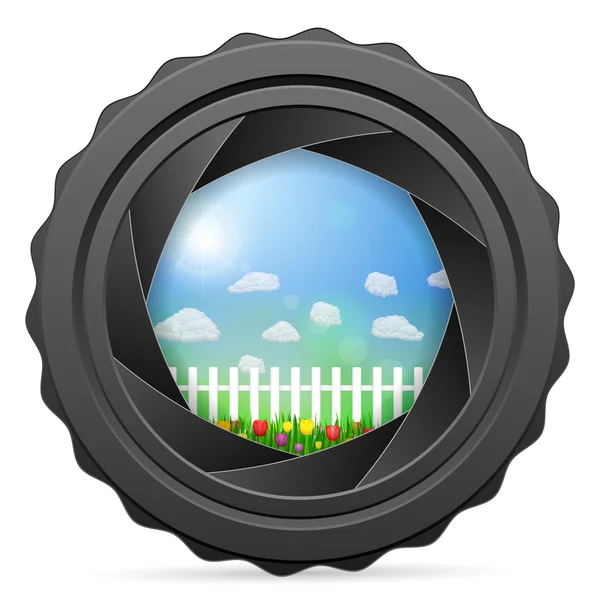 Camera shutter with tulips landscape — Stock Vector