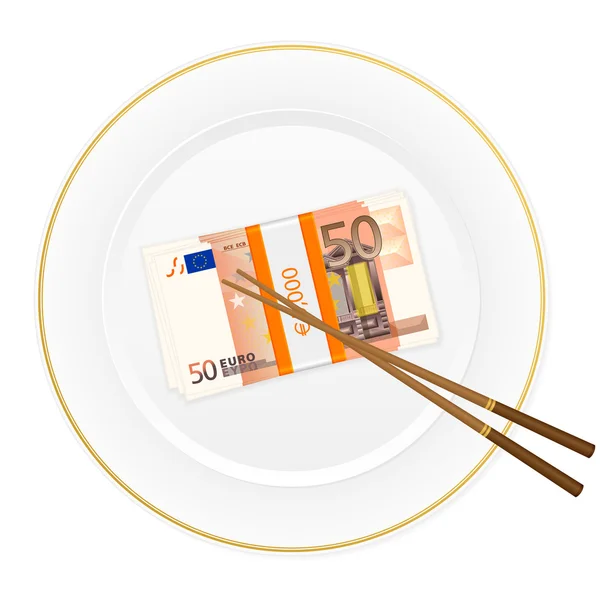 Plate chopsticks and fifty euro pack — Stock Vector