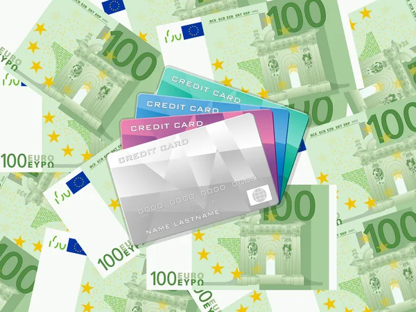 Cien euros de fondo y tarjeta de crédito — Vector de stock