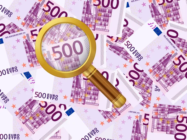 Lupa sobre fondo de quinientos euros — Vector de stock