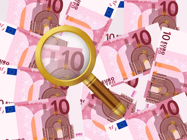 Magnifier on ten euro background — Stock Vector