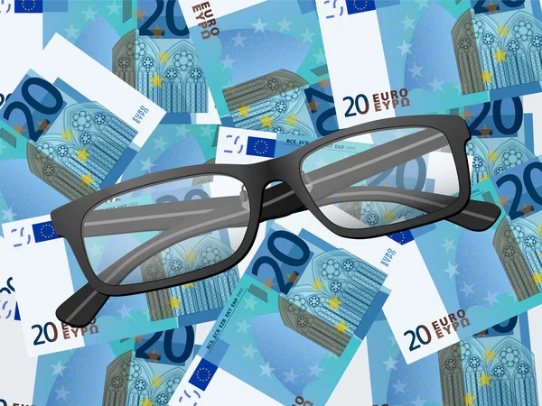 Gafas de lectura sobre veinte euros de fondo — Vector de stock