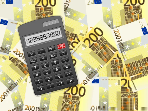 Calculator on two hundred euro background — Stock Vector