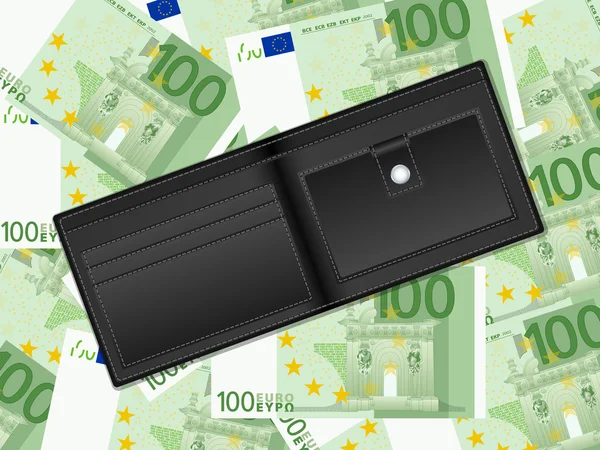 Billetera sobre fondo de cien euros — Vector de stock