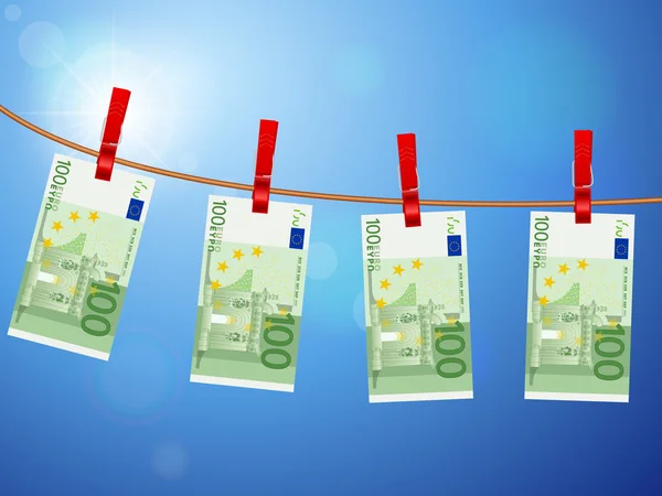 Cent billets en euros sur corde à linge — Image vectorielle