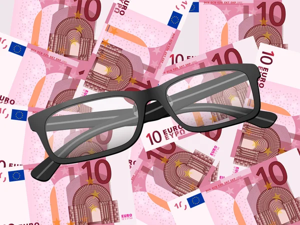 Reading glasses on ten euro background — Stock Vector