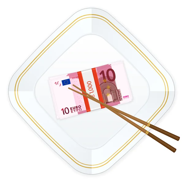 Pauzinhos de prato e pacote de dez euros — Vetor de Stock