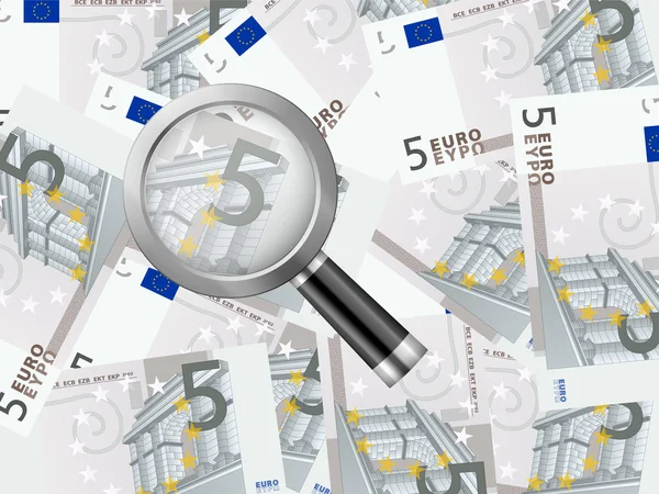 Lupa sobre fondo de cinco euros — Vector de stock