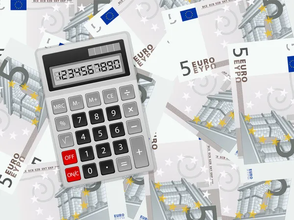 Calculadora sobre fondo de cinco euros — Archivo Imágenes Vectoriales