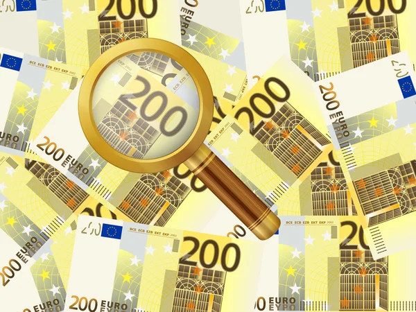 Vergrootglas op tweehonderd euro achtergrond — Stockvector