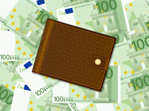 Portefeuille op honderd euro achtergrond — Stockvector