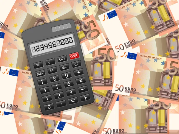 Calculator on fifty euro background — Stock Vector