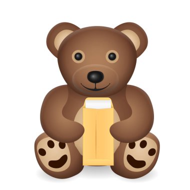 Beyaz arka planda zarflı oyuncak ayı. Vektör illüstrasyonu.