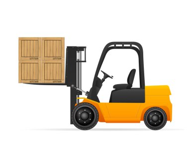 Beyaz arka planda ahşap kutulara sahip forklift.