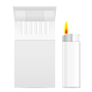 Beyaz arka planda çakmak ve bir paket sigara.