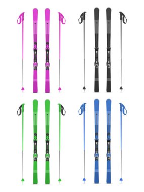 Dağ kayakları ve sırıklar beyaz bir zemine kurulmuş. Vektör illüstrasyonu.
